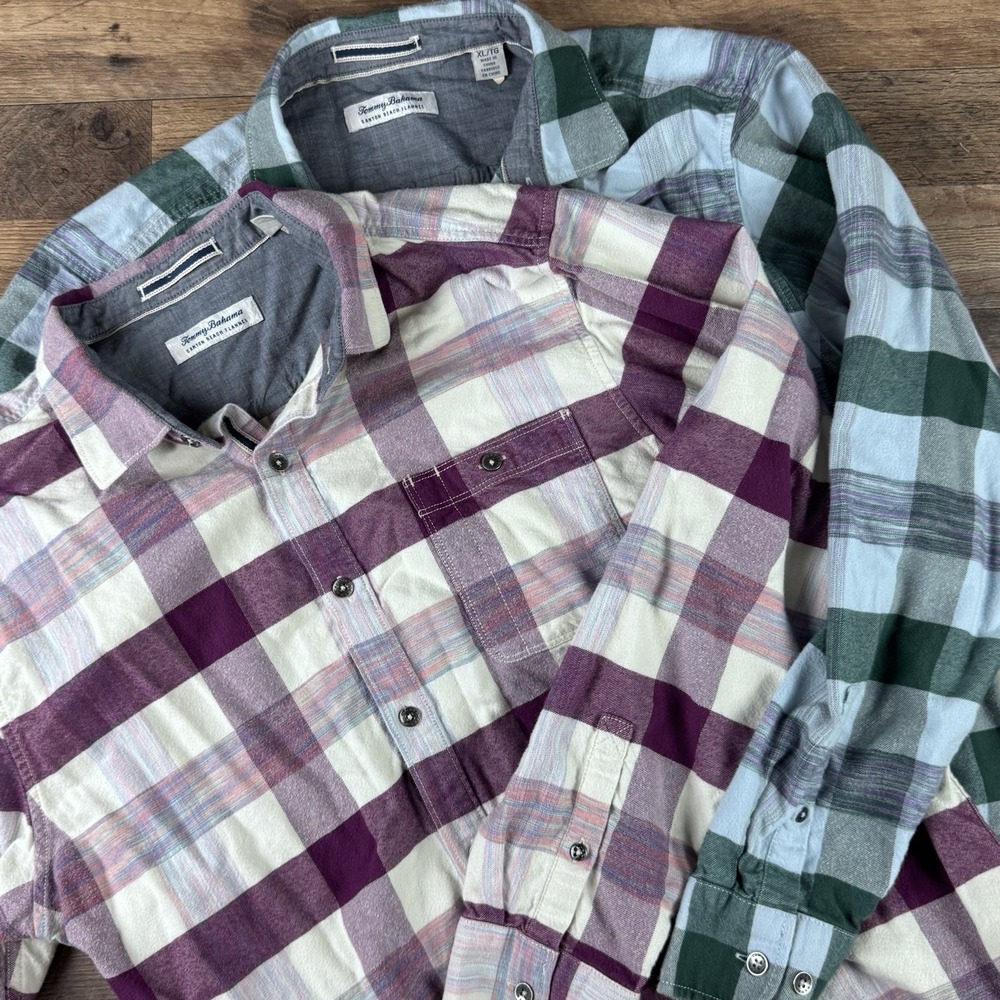 2 Tommy Bahama Canyon Beach Flannel Men's XL Green Purple Plaid Tencel Shirt